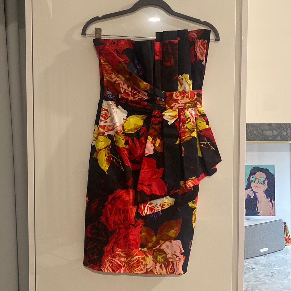 Stunning dress, rose print, folded large bow on the front & elastic back